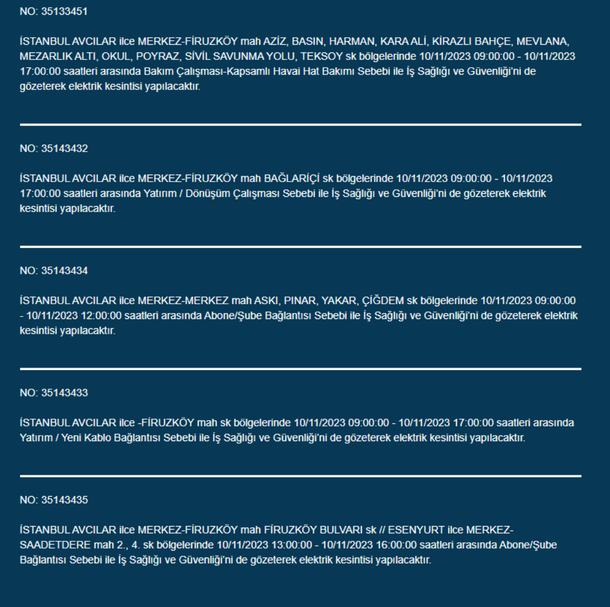 21 ilçede elektrikler kesilecek! İstanbul'da bugün elektrik kesintisi yaşanacak ilçeler hangileri? 10 Kasım İstanbul'da elektrik ne zaman gelecek? Bakırköy, Bahçelievler, Kadıköy, Beşiktaş, Avcılar'da elektrikler ne zaman gelecek?