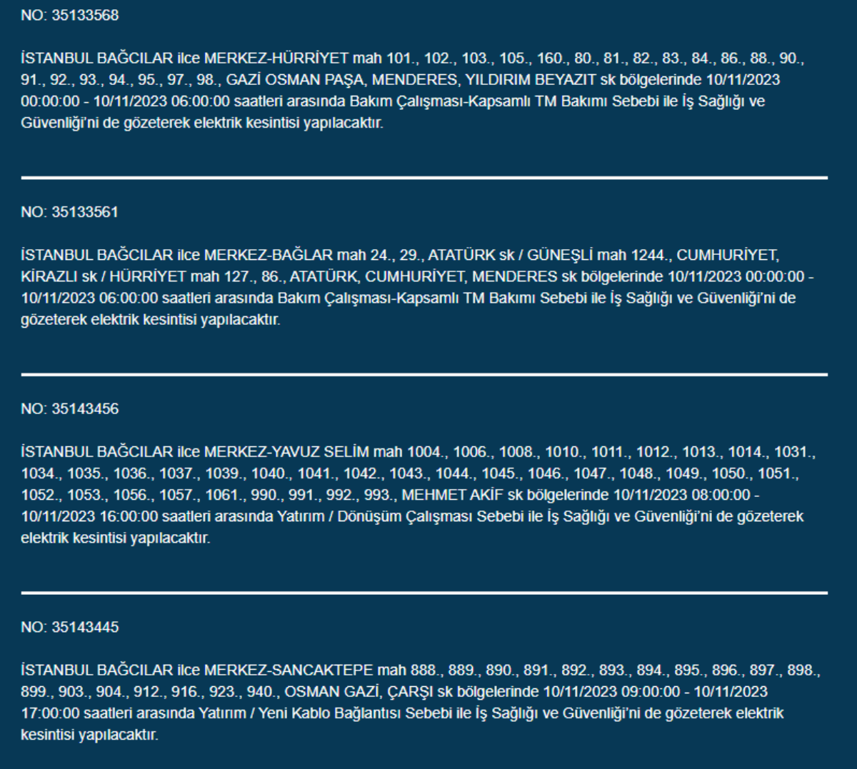 21 ilçede elektrikler kesilecek! İstanbul'da bugün elektrik kesintisi yaşanacak ilçeler hangileri? 10 Kasım İstanbul'da elektrik ne zaman gelecek? Bakırköy, Bahçelievler, Kadıköy, Beşiktaş, Avcılar'da elektrikler ne zaman gelecek?