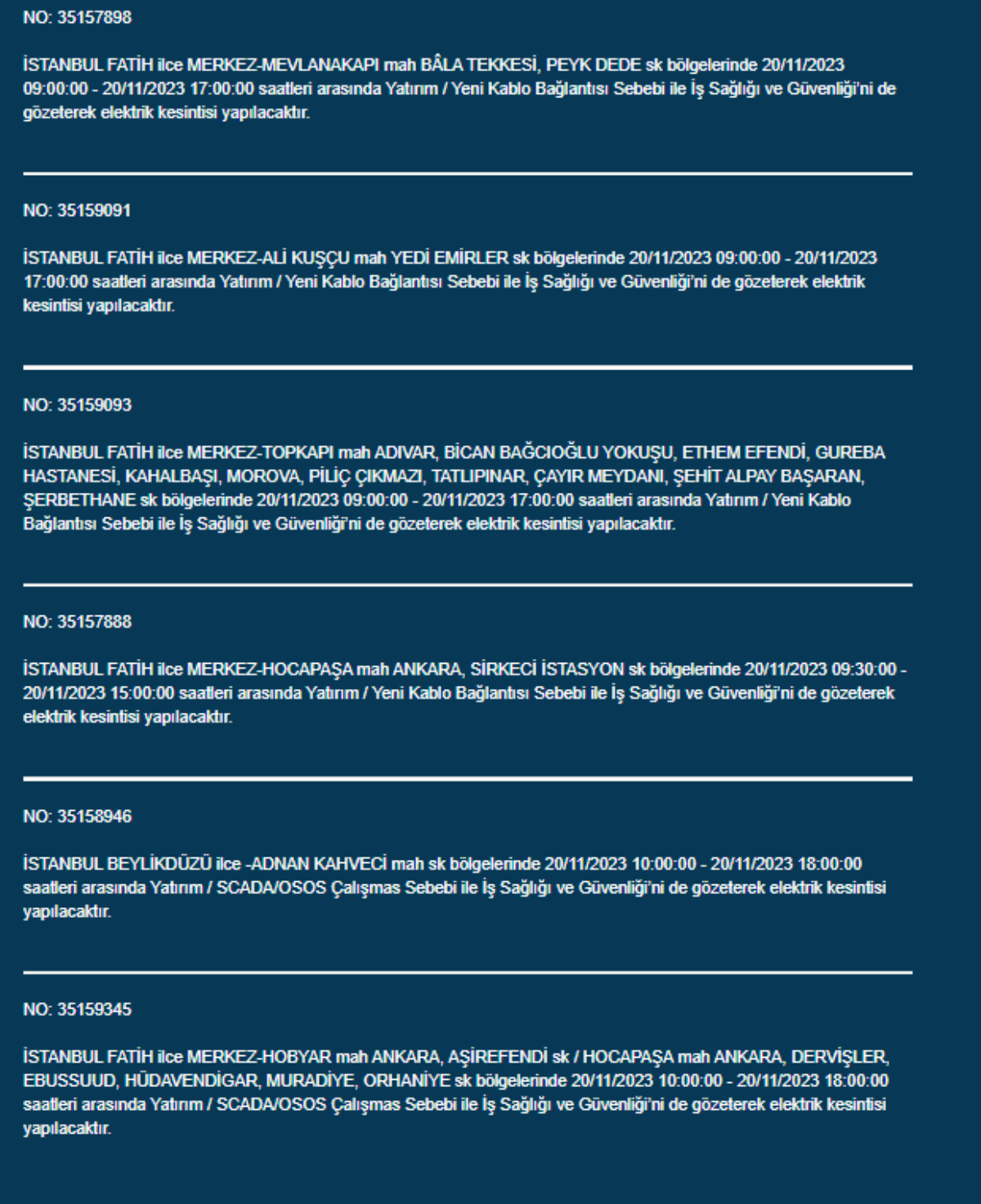 İstanbul'da 33 İlçede elektrik kesintisi: 20 Kasım Pazartesi elektrik kesintilerinin yapılacağı ilçeler hangileri? İstanbul'da elektrikler ne zaman gelecek?