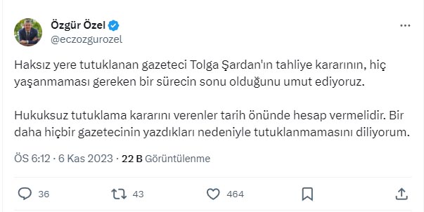 Özgür Özel'den Tolga Şardan'ın tahliyesinin ardından sert ifadeler