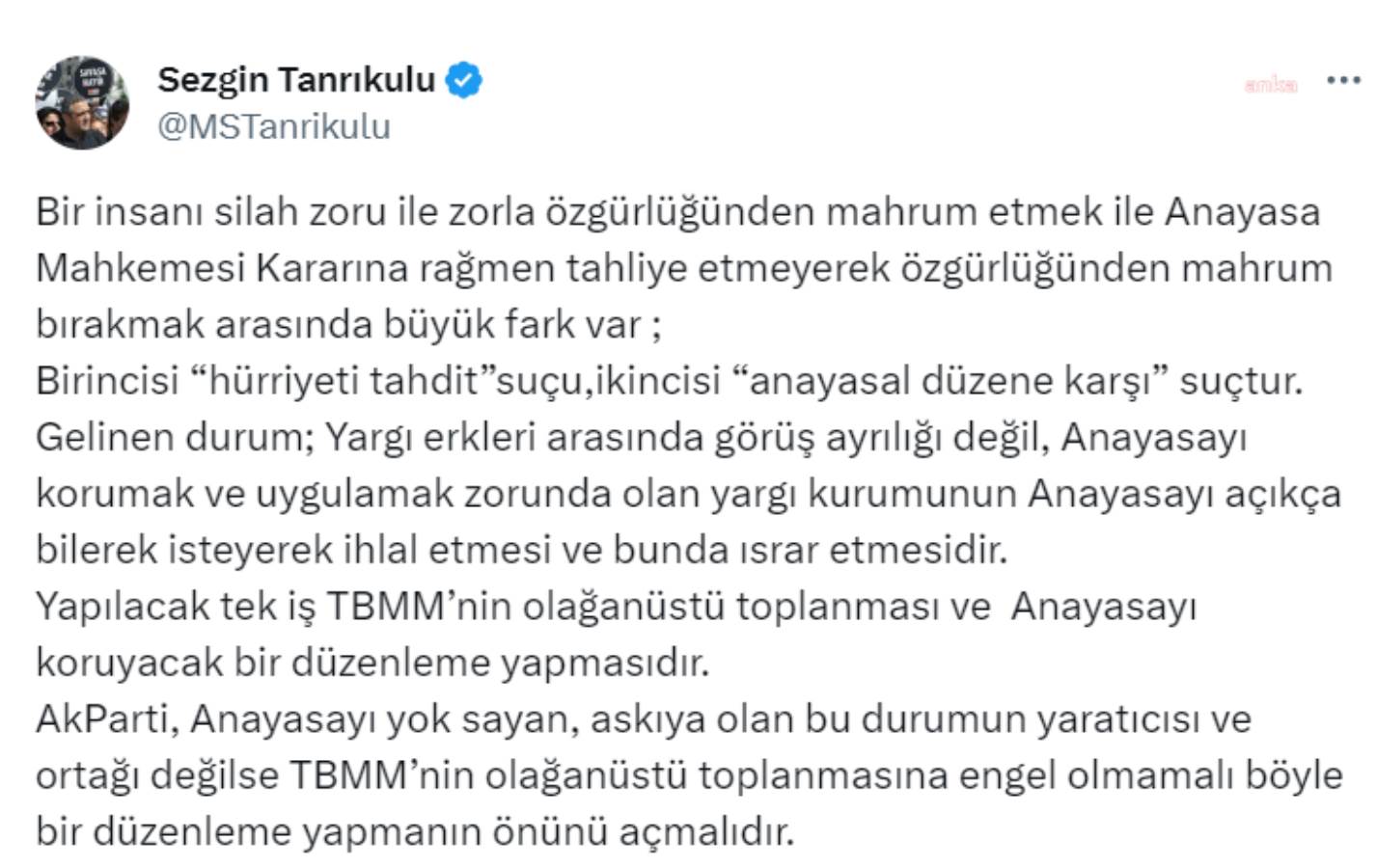 Tanrıkulu'ndan Yargıtay kararı sonrası flaş çağrı: Yapılacak tek iş TBMM'nin olağanüstü toplanması