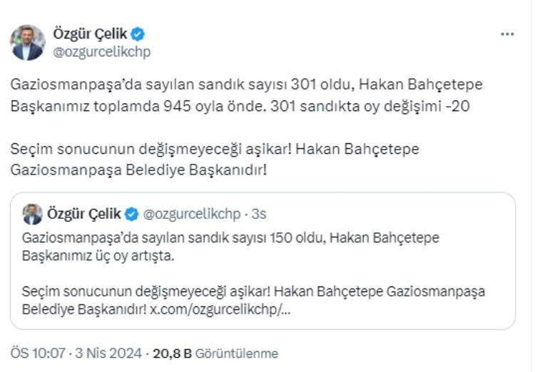 Özgür Çelik’ten Gaziosmanpaşa açıklaması: ‘Sandık sayısı 301 oldu, başkanımız 945 oyla önde’ - Son Dakika Siyaset Haberleri | Cumhuriyet